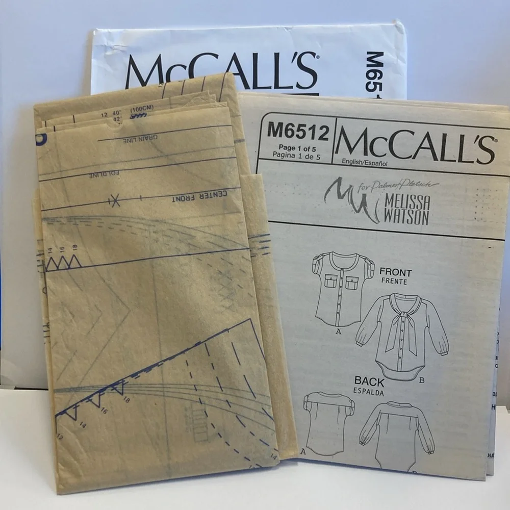 McCall’s 6512 sewing pattern blouse, no shoulder seams, bust 34”-40”